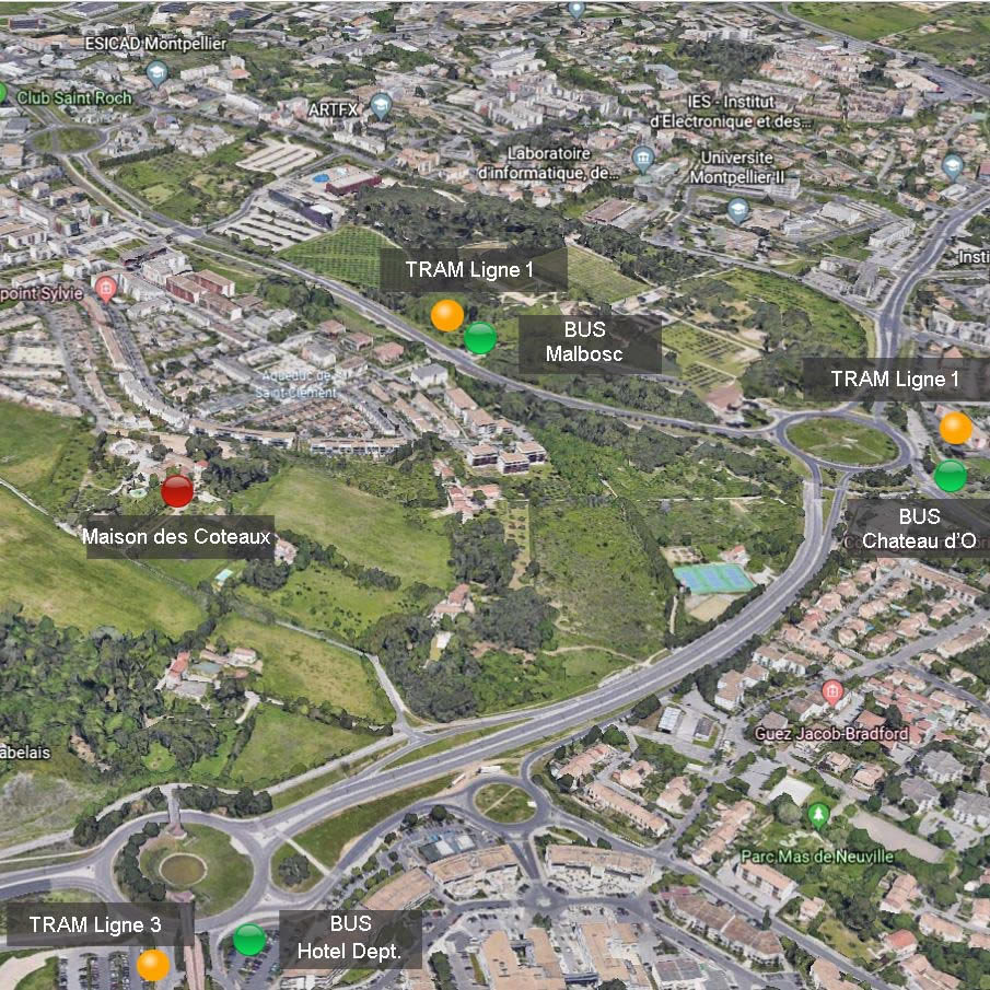 carte-aerienne-localisation-gite-chambres-hotes-montpellier-transport-tram